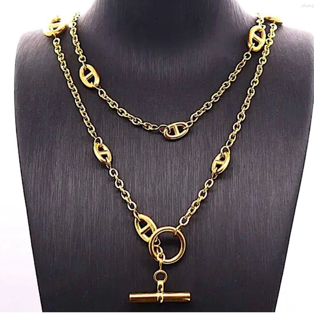 Gold Pig Nose Multilayer Necklace Bracelet Set Stainless Steel Gold Plated - Picture 5 of 12